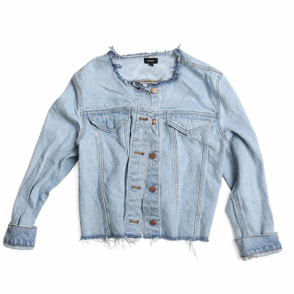 Express Denim Jacket Womens M Light Wash Crop Raw Edge Collarless Stretch Jean